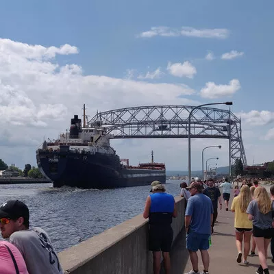 A ship passing underneath the Aerial Lift Bridge